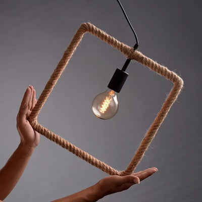 Contemporary Industrial Hemp Rope Geometric Square Round Rectangular Triangle 1-Light Pendant Light For Dining Room