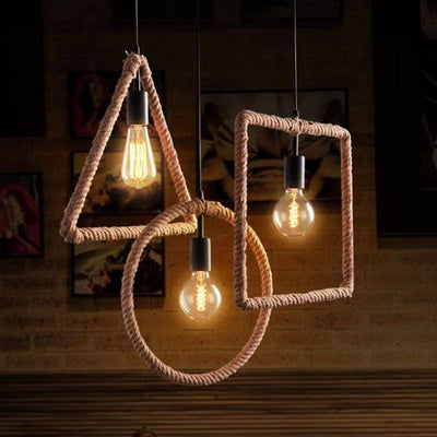 Contemporary Industrial Hemp Rope Geometric Square Round Rectangular Triangle 1-Light Pendant Light For Dining Room