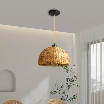 Contemporary Boho Weaving Rattan Metal Dome Hemispheroid 1-Light Pendant Light For Dining Room