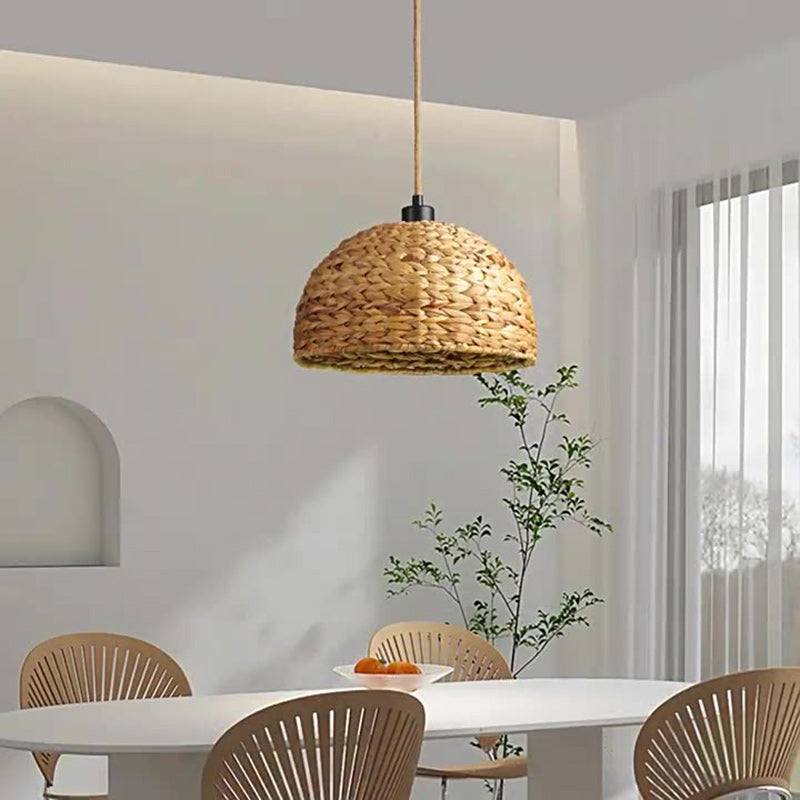 Contemporary Boho Weaving Rattan Metal Dome Hemispheroid 1-Light Pendant Light For Dining Room