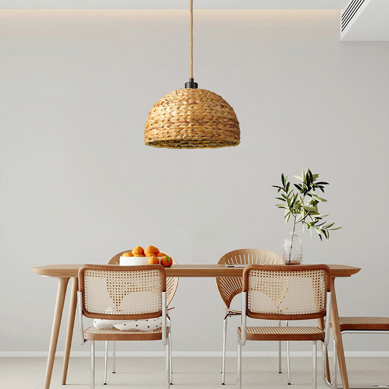 Contemporary Boho Weaving Rattan Metal Dome Hemispheroid 1-Light Pendant Light For Dining Room