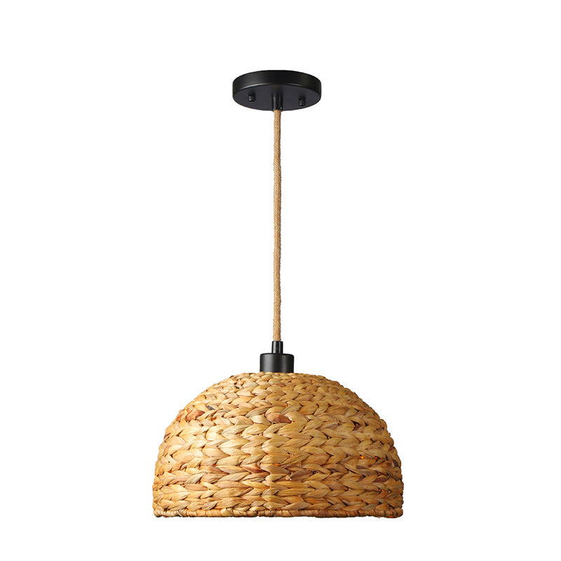 Contemporary Boho Weaving Rattan Metal Dome Hemispheroid 1-Light Pendant Light For Dining Room