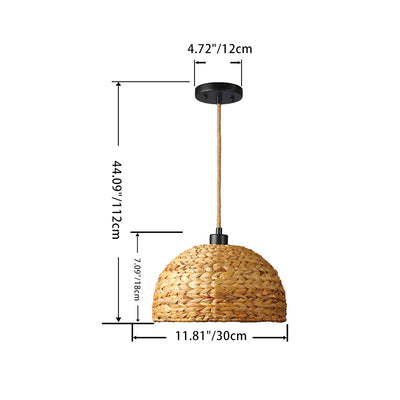 Contemporary Boho Weaving Rattan Metal Dome Hemispheroid 1-Light Pendant Light For Dining Room