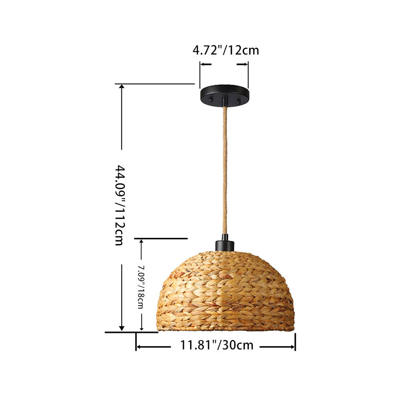 Contemporary Boho Weaving Rattan Metal Dome Hemispheroid 1-Light Pendant Light For Dining Room