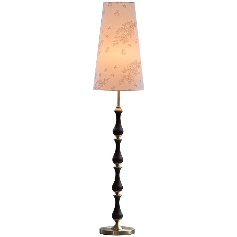 Zeitgenössische Retro Massivholz Metall Stoff Zylinder Gedruckt Blume 1-Licht Stehen Lampe Für Wohnzimmer 