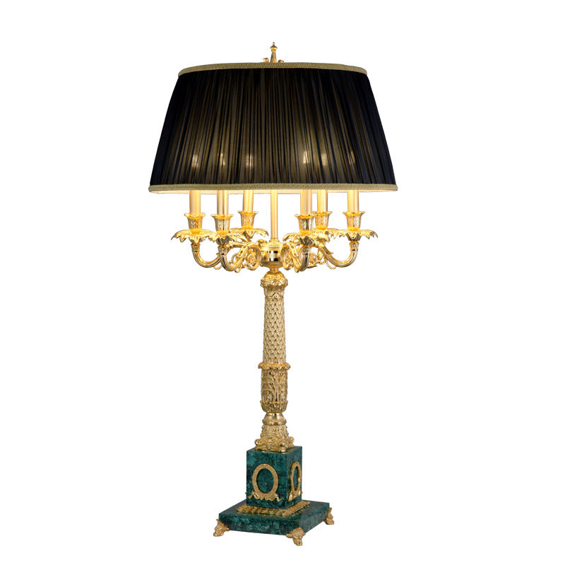 Traditional Luxury Brass Fabric Peacock Gemstone Column Carved 6-Light Table Lamp For Bedroom