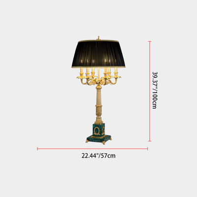 Traditional Luxury Brass Fabric Peacock Gemstone Column Carved 6-Light Table Lamp For Bedroom