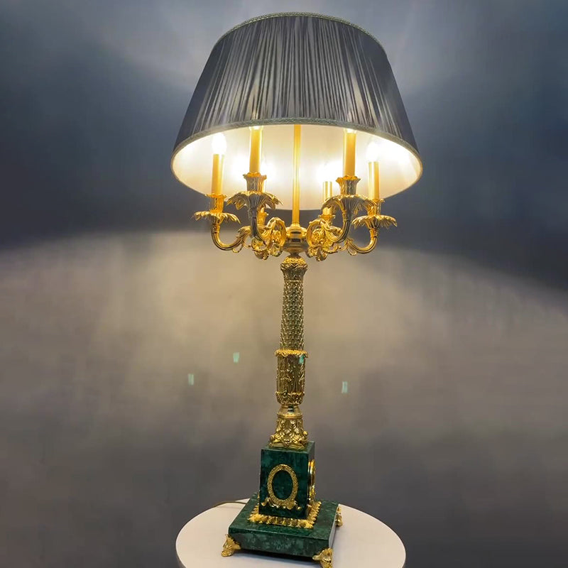 Traditional Luxury Brass Fabric Peacock Gemstone Column Carved 6-Light Table Lamp For Bedroom