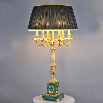 Traditional Luxury Brass Fabric Peacock Gemstone Column Carved 6-Light Table Lamp For Bedroom