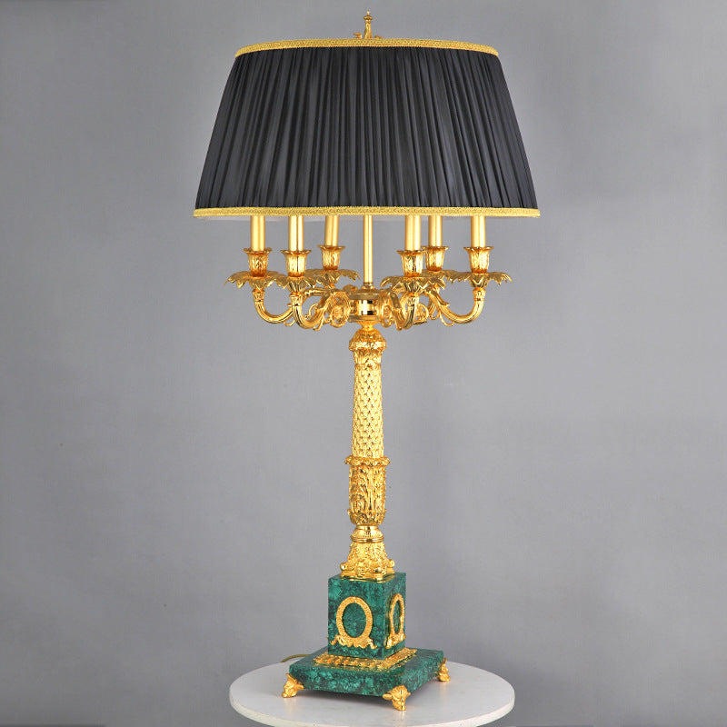 Traditional Luxury Brass Fabric Peacock Gemstone Column Carved 6-Light Table Lamp For Bedroom