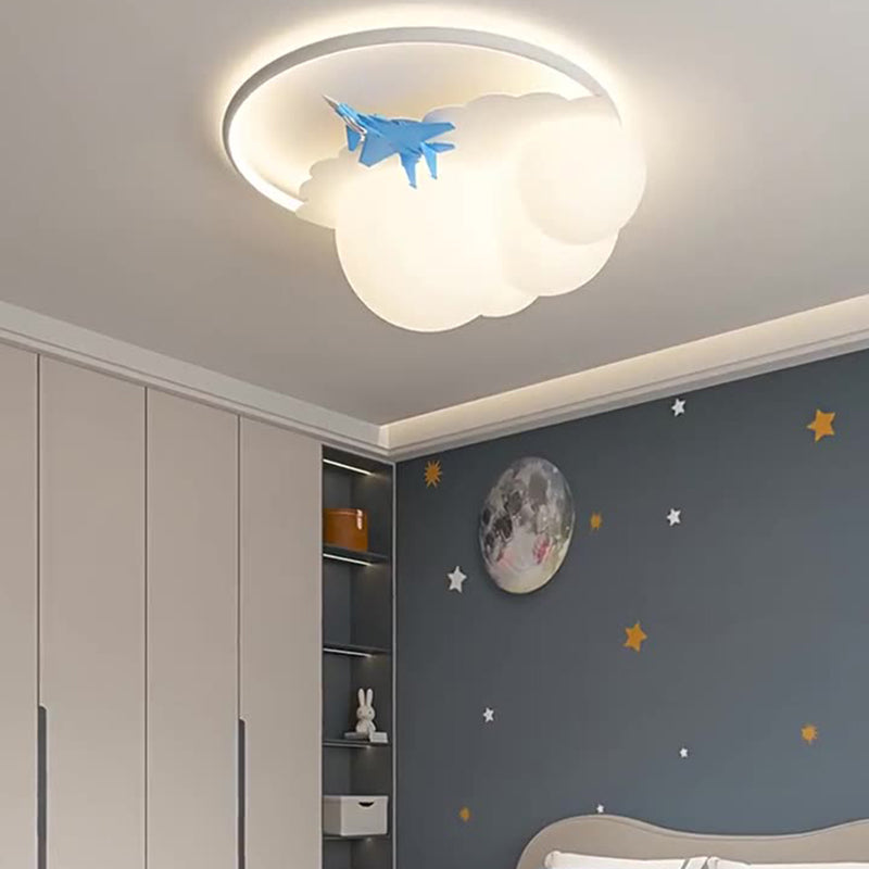 Contemporary Nordic Kids Iron Acrylic Resin Round Plane Cloud LED Flush Mount Ceiling Light For Bedroom