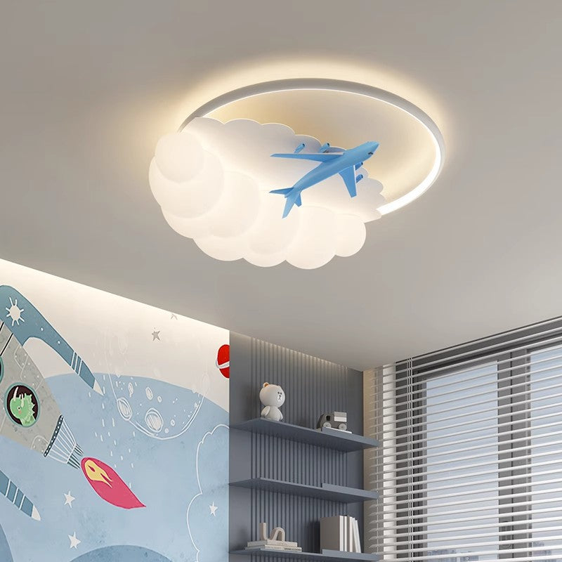 Contemporary Nordic Kids Iron Acrylic Resin Round Plane Cloud LED Flush Mount Ceiling Light For Bedroom