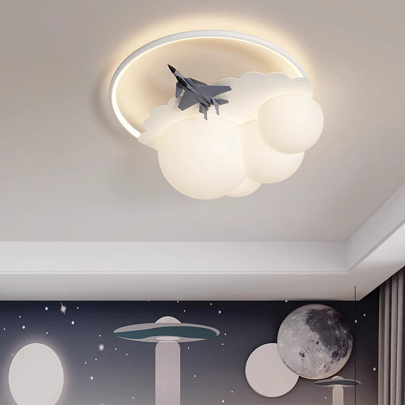 Contemporary Nordic Kids Iron Acrylic Resin Round Plane Cloud LED Flush Mount Ceiling Light For Bedroom