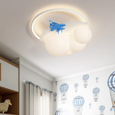 Contemporary Nordic Kids Iron Acrylic Resin Round Plane Cloud LED Flush Mount Ceiling Light For Bedroom