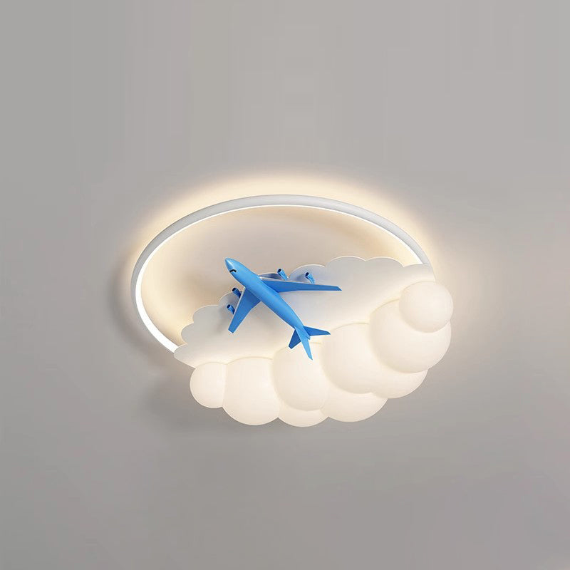 Contemporary Nordic Kids Iron Acrylic Resin Round Plane Cloud LED Flush Mount Ceiling Light For Bedroom