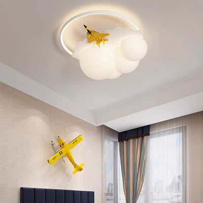 Contemporary Nordic Kids Iron Acrylic Resin Round Plane Cloud LED Flush Mount Ceiling Light For Bedroom