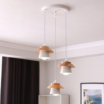 Contemporary Scandinavian Iron Rubber Wood Cylinder Eave 1/3 Light Pendant Light For Dining Room