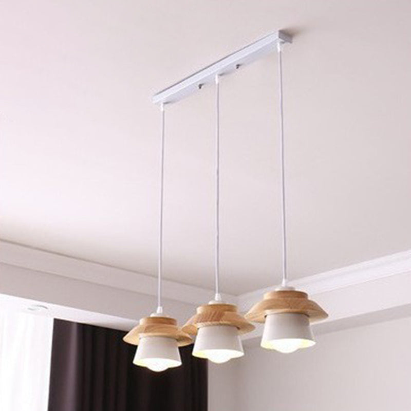 Contemporary Scandinavian Iron Rubber Wood Cylinder Eave 1/3 Light Pendant Light For Dining Room