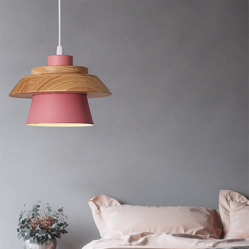 Contemporary Scandinavian Iron Rubber Wood Cylinder Eave 1/3 Light Pendant Light For Dining Room