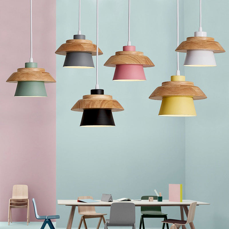 Contemporary Scandinavian Iron Rubber Wood Cylinder Eave 1/3 Light Pendant Light For Dining Room