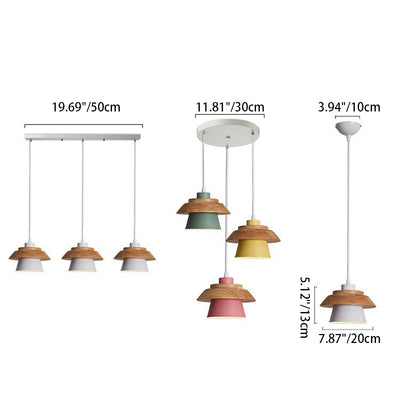 Contemporary Scandinavian Iron Rubber Wood Cylinder Eave 1/3 Light Pendant Light For Dining Room