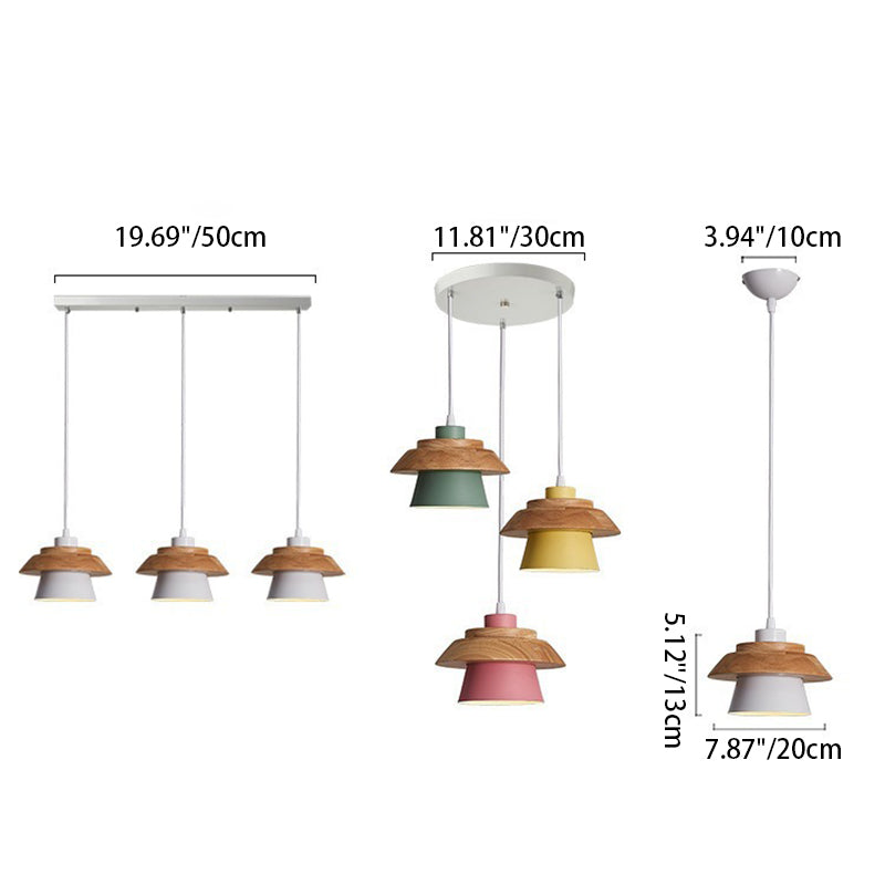 Contemporary Scandinavian Iron Rubber Wood Cylinder Eave 1/3 Light Pendant Light For Dining Room