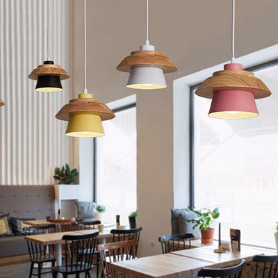 Contemporary Scandinavian Iron Rubber Wood Cylinder Eave 1/3 Light Pendant Light For Dining Room