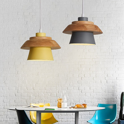 Contemporary Scandinavian Iron Rubber Wood Cylinder Eave 1/3 Light Pendant Light For Dining Room