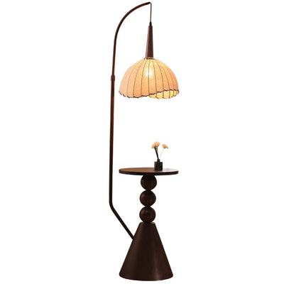 Zeitgenössische Retro Holz Eisen Stoff Kuppel Runde Regal 1-Licht Stehen Stehlampe Für Wohnzimmer 