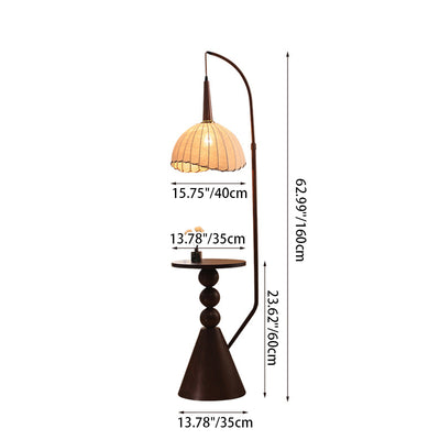 Zeitgenössische Retro Holz Eisen Stoff Kuppel Runde Regal 1-Licht Stehen Stehlampe Für Wohnzimmer 