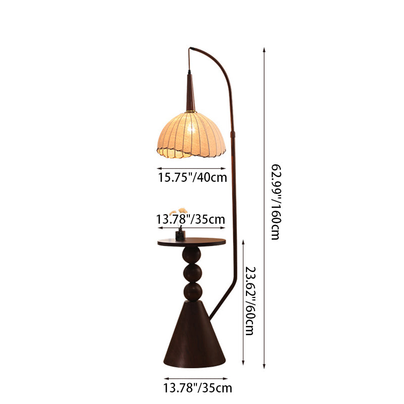 Zeitgenössische Retro Holz Eisen Stoff Kuppel Runde Regal 1-Licht Stehen Stehlampe Für Wohnzimmer 