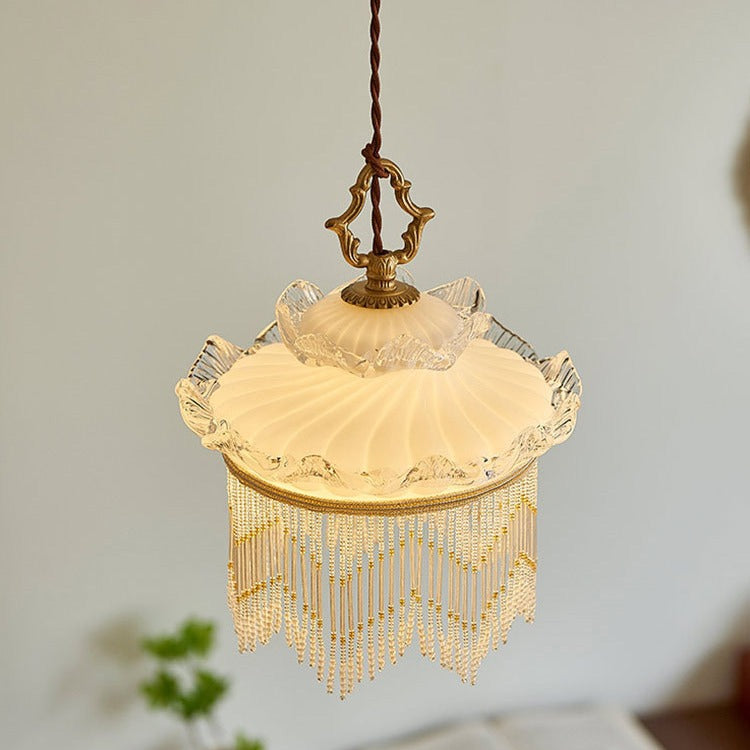 Traditional French Glass Copper Crown Tassel 1-Light Pendant Light For Dining Room