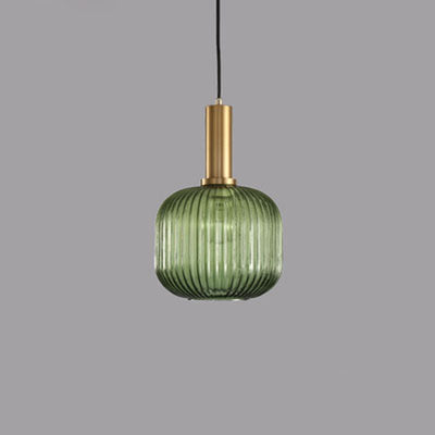 Contemporary Scandinavian Metal Glass Cylinder Striped Lantern 1-Light Pendant Light For Dining Room