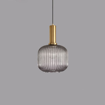 Contemporary Scandinavian Metal Glass Cylinder Striped Lantern 1-Light Pendant Light For Dining Room