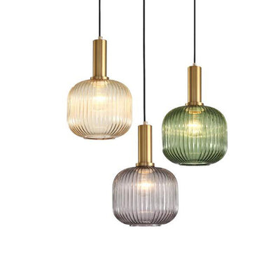 Contemporary Scandinavian Metal Glass Cylinder Striped Lantern 1-Light Pendant Light For Dining Room