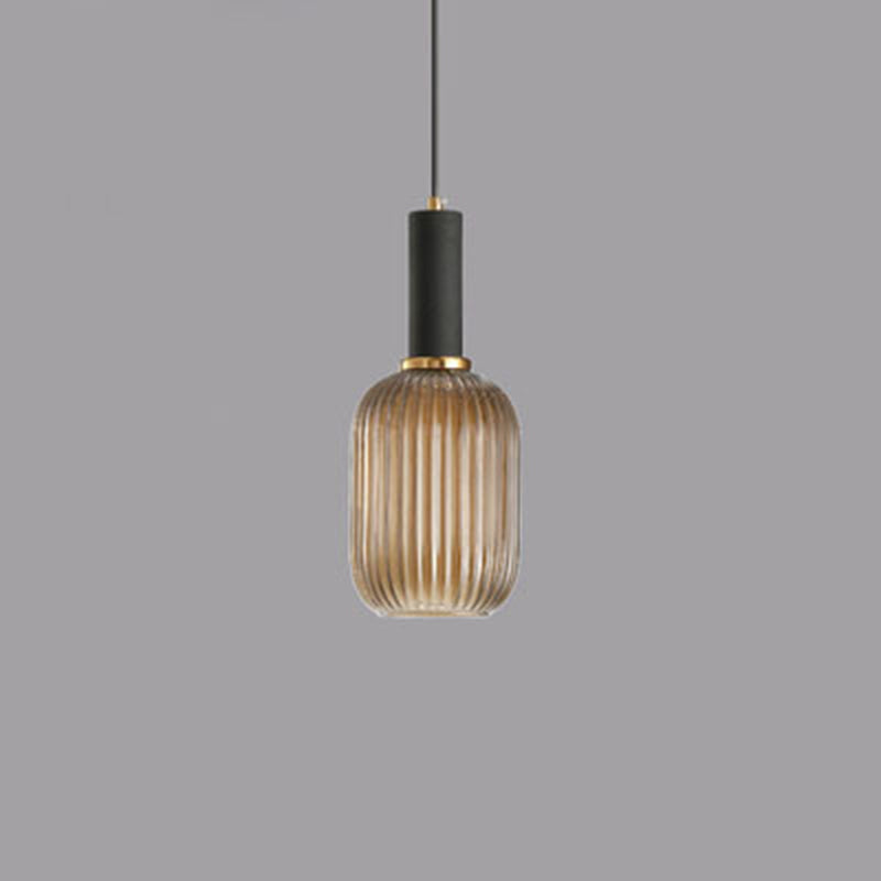 Contemporary Scandinavian Metal Glass Cylinder Striped Lantern 1-Light Pendant Light For Dining Room