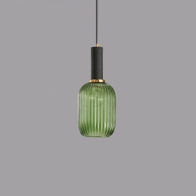 Contemporary Scandinavian Metal Glass Cylinder Striped Lantern 1-Light Pendant Light For Dining Room