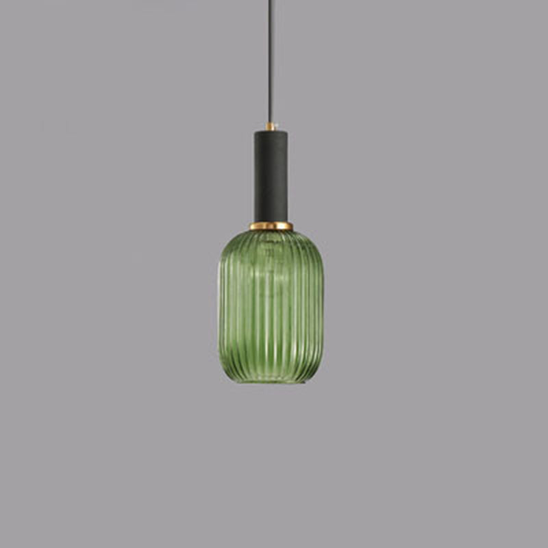 Contemporary Scandinavian Metal Glass Cylinder Striped Lantern 1-Light Pendant Light For Dining Room