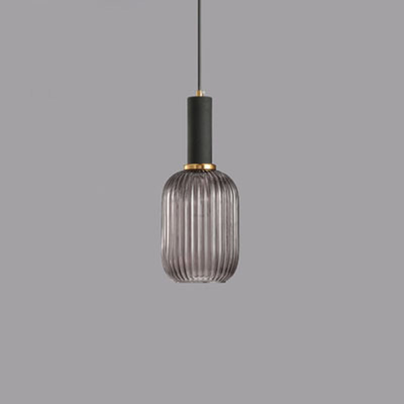 Contemporary Scandinavian Metal Glass Cylinder Striped Lantern 1-Light Pendant Light For Dining Room