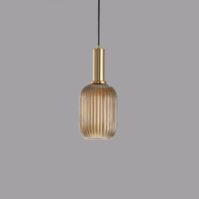 Contemporary Scandinavian Metal Glass Cylinder Striped Lantern 1-Light Pendant Light For Dining Room