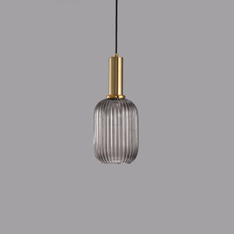 Contemporary Scandinavian Metal Glass Cylinder Striped Lantern 1-Light Pendant Light For Dining Room