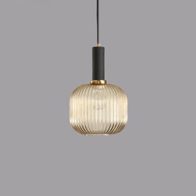 Contemporary Scandinavian Metal Glass Cylinder Striped Lantern 1-Light Pendant Light For Dining Room