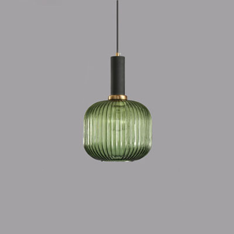 Contemporary Scandinavian Metal Glass Cylinder Striped Lantern 1-Light Pendant Light For Dining Room