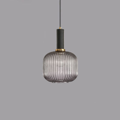 Contemporary Scandinavian Metal Glass Cylinder Striped Lantern 1-Light Pendant Light For Dining Room