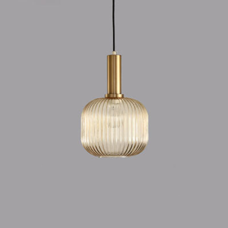 Contemporary Scandinavian Metal Glass Cylinder Striped Lantern 1-Light Pendant Light For Dining Room