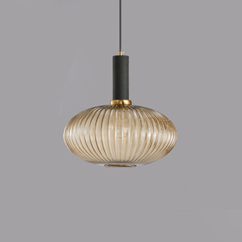 Contemporary Scandinavian Metal Glass Cylinder Striped Lantern 1-Light Pendant Light For Dining Room