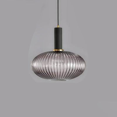 Contemporary Scandinavian Metal Glass Cylinder Striped Lantern 1-Light Pendant Light For Dining Room