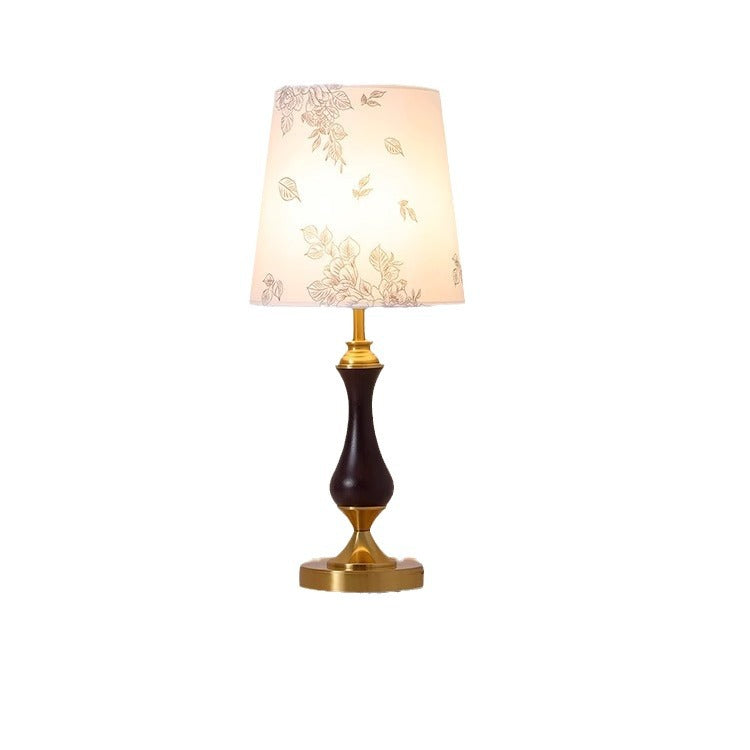 Zeitgenössische Retro Massivholz Metall Stoff Zylinder Gedruckt Blume 1-Licht Tischlampe Für Schlafzimmer 