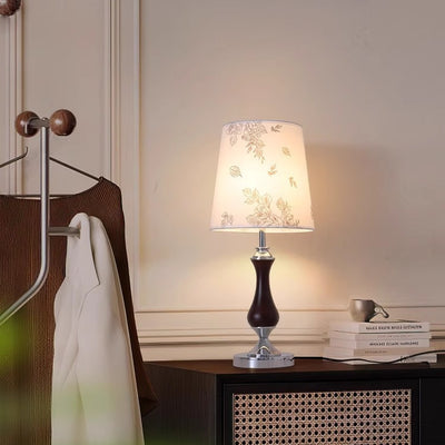 Zeitgenössische Retro Massivholz Metall Stoff Zylinder Gedruckt Blume 1-Licht Tischlampe Für Schlafzimmer 