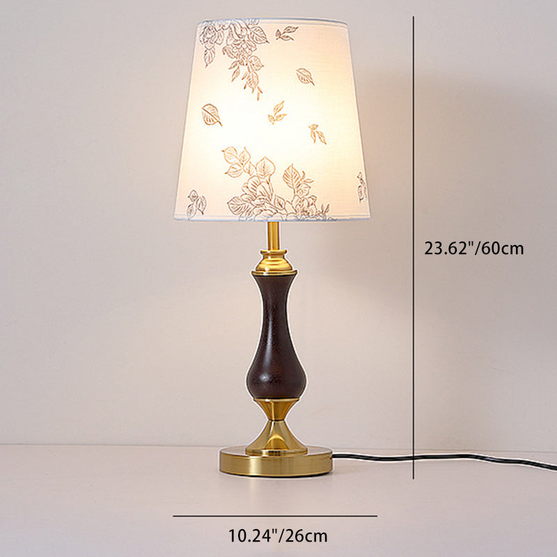 Zeitgenössische Retro Massivholz Metall Stoff Zylinder Gedruckt Blume 1-Licht Tischlampe Für Schlafzimmer 